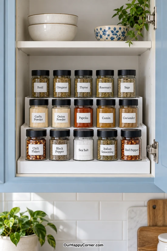 Three-step spice rack with labeled jars inside a light blue kitchen cabinet