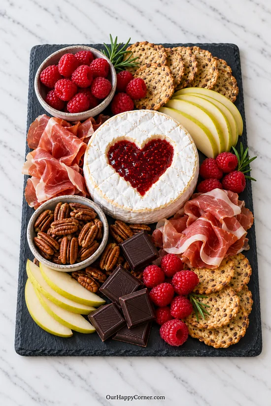 Valentine’s charcuterie board featuring raspberry-heart brie, prosciutto, pears, pecans, and chocolate