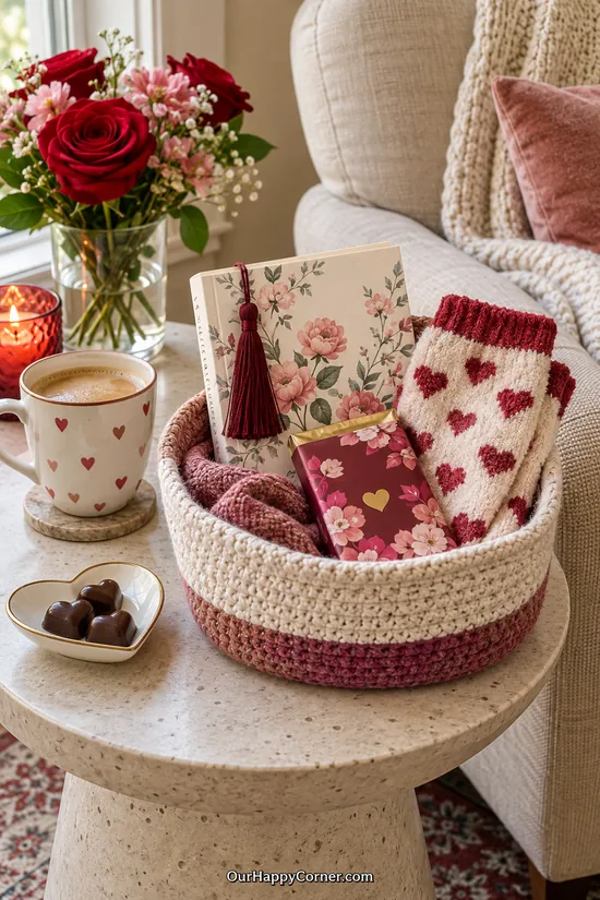 Book lover gift basket with a bookmark, socks, and chocolate