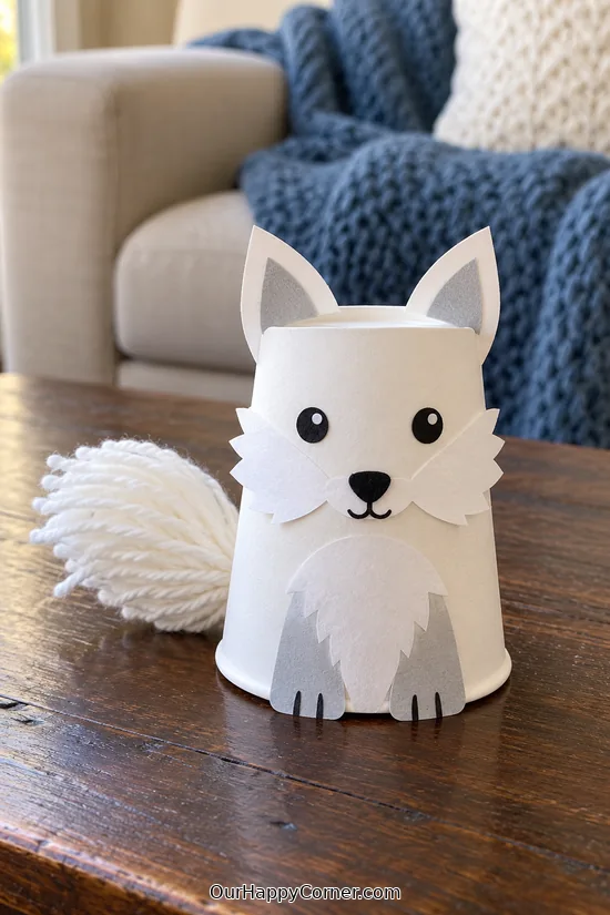 winter animal crafts for kids with paper cup arctic fox