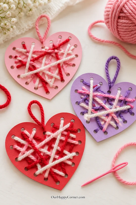 Yarn threaded across pink and purple cardboard hearts