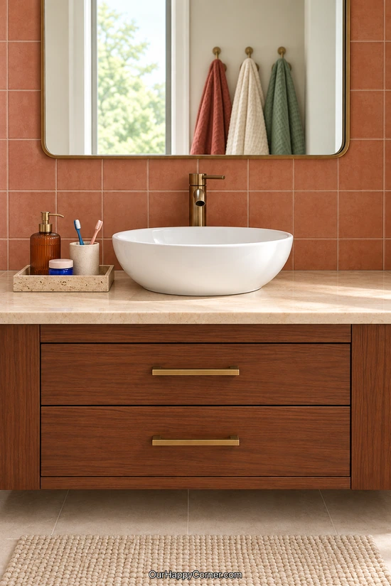 Amber soap pump, toothbrush cup, and blue jar on a vanity tray