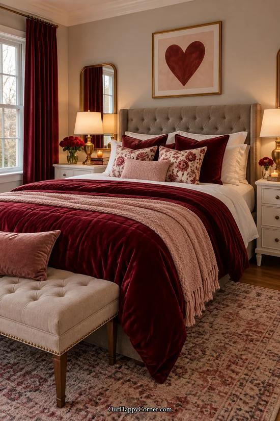 Burgundy velvet bedding with pink cushions and bedside roses