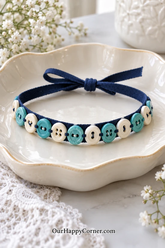 Turquoise button bracelet stitched onto a navy ribbon