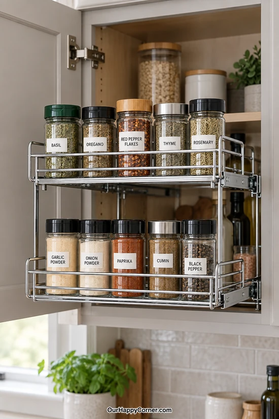 Two-tier chrome pullout spice rack holding mixed jars in a kitchen cabinet