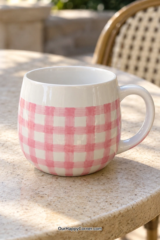 Rounded white ceramic mug painted with soft pink gingham checks