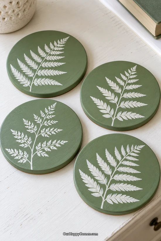 Sage green round coasters painted with white fern fronds