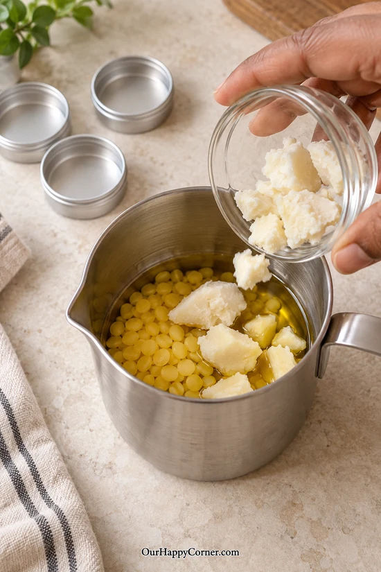 Adding shea butter to beeswax and sunflower oil in a melting pitcher