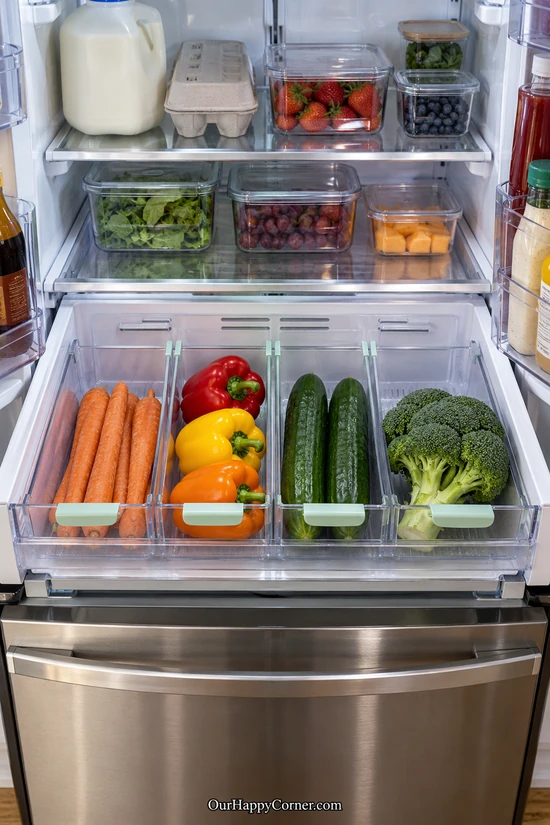 Vegetable crisper organized with carrots, peppers, cucumbers, and broccoli