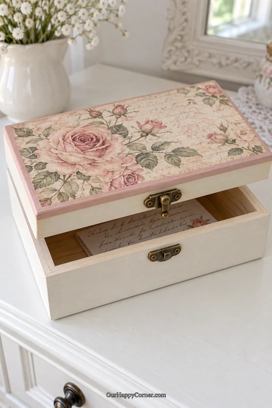 Ivory wooden keepsake box with a vintage rose decoupage lid and pink border