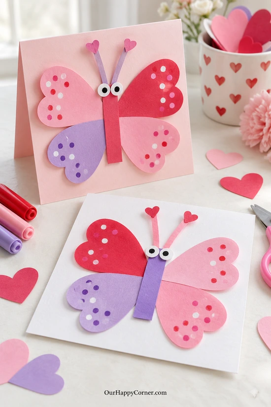 Heart-wing butterfly Valentine cards with pink and purple paper