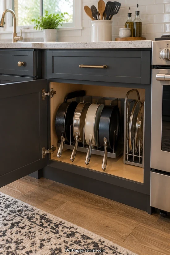 Pans stored upright between adjustable cabinet dividers