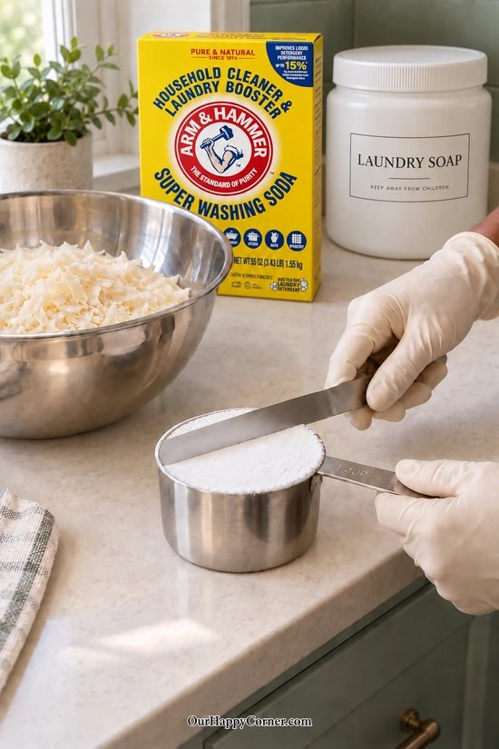Leveling a cup of washing soda beside grated soap