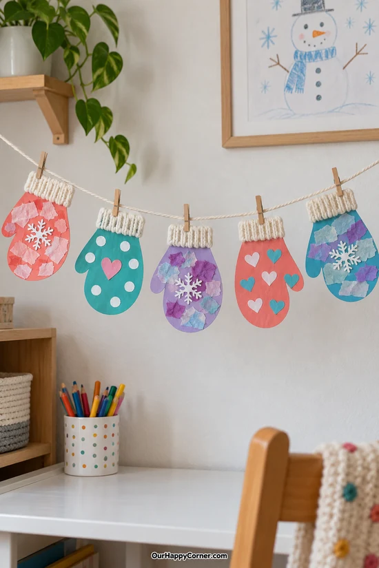 Colorful paper mitten garland with yarn cuffs