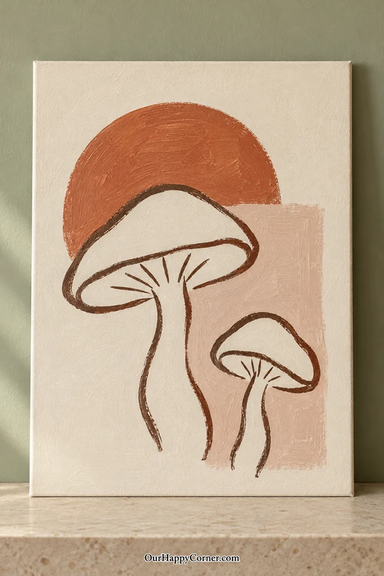 Brown mushroom outlines over terracotta and blush shapes