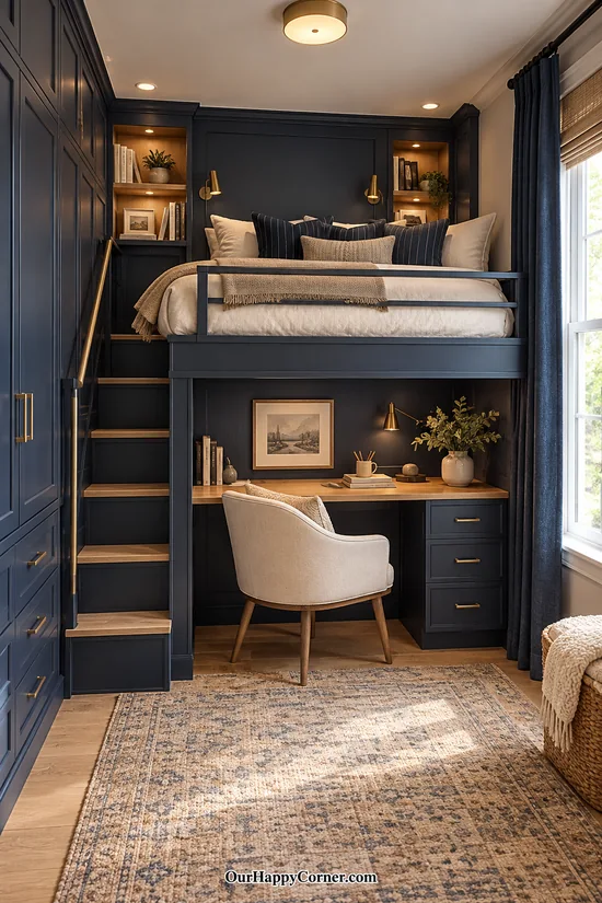 Navy loft bedroom with brass lighting and cream textiles