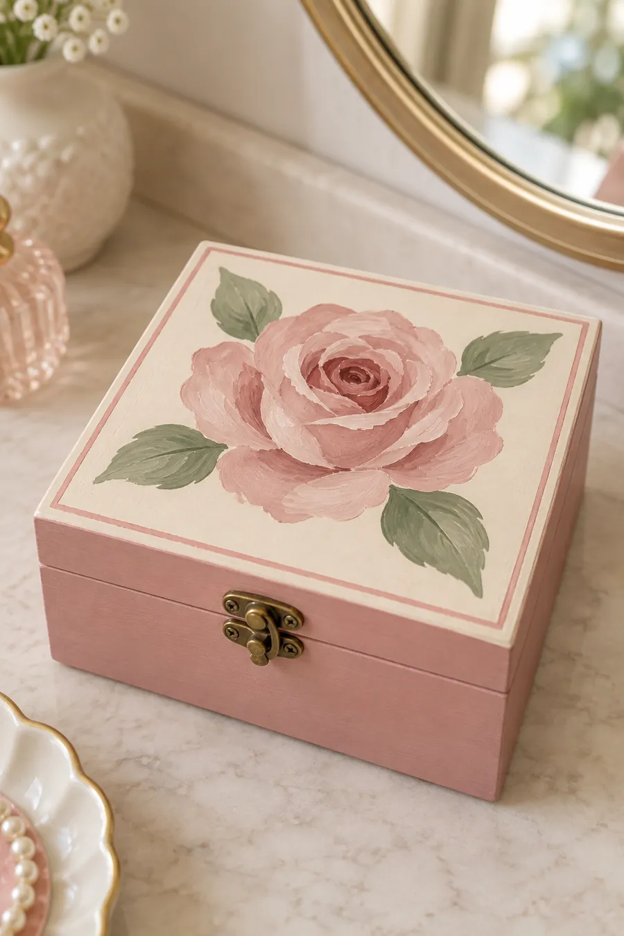 Ivory jewelry box with a single large pink rose