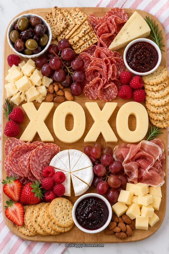 XOXO cheese letters surrounded by salami, brie, grapes, raspberries, crackers, and jam
