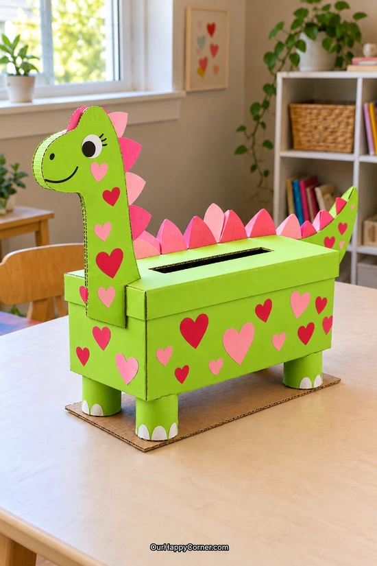 Green dinosaur box with a separately attached cardboard neck