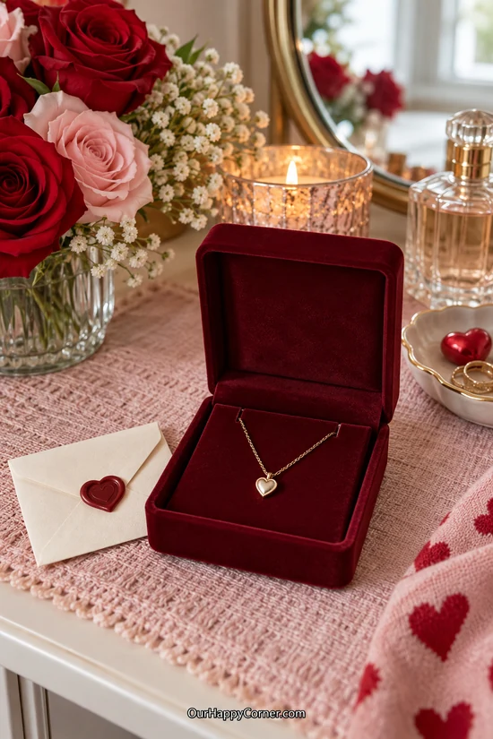 Gold heart pendant necklace in a burgundy velvet gift box