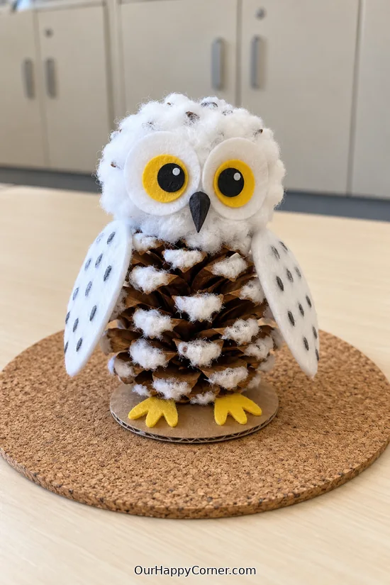Pinecone Snowy Owl made from simple craft supplies