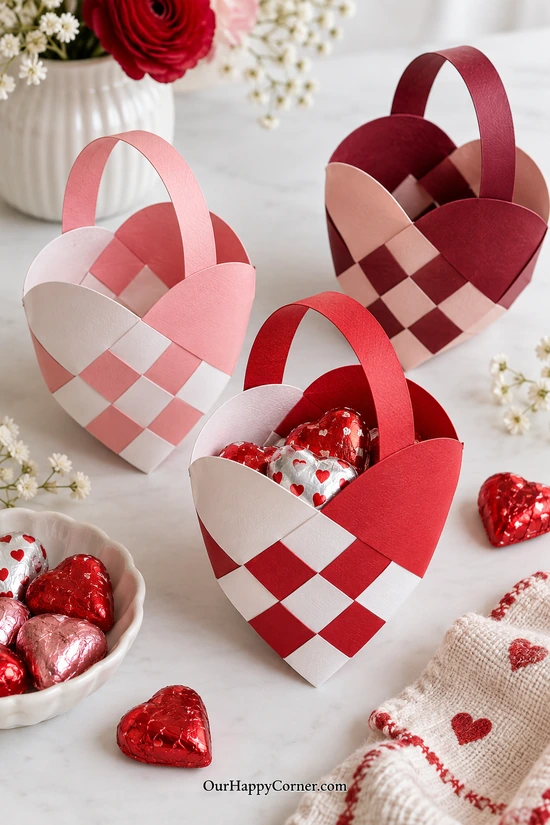 Woven Paper Heart Baskets in red and pink Valentine’s Day crafts for adults