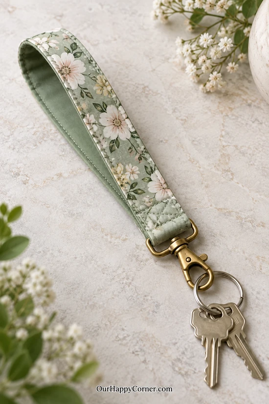 Sage floral wristlet key fob with brass-colored hardware, one of these fabric scraps ideas