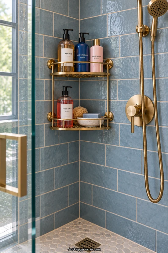 Bathroom organization with a brass corner caddy and mixed shower bottles