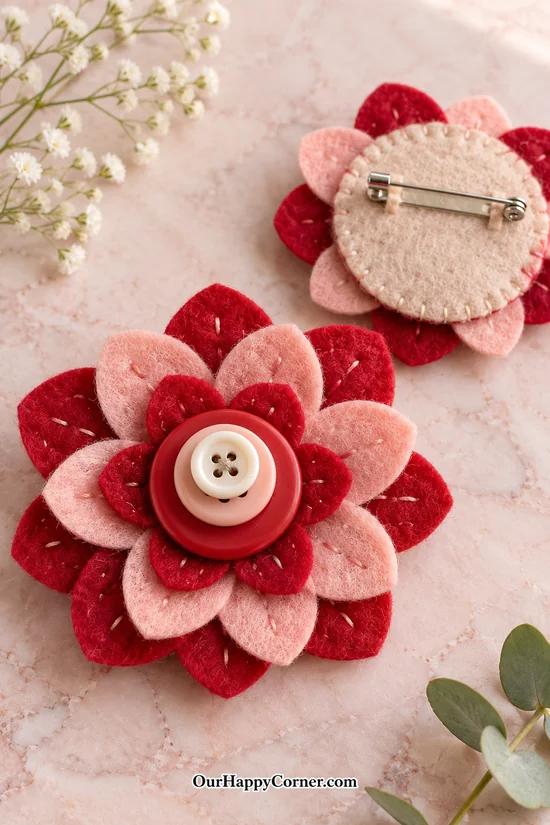 Layered felt flower brooch with button center and pin backing