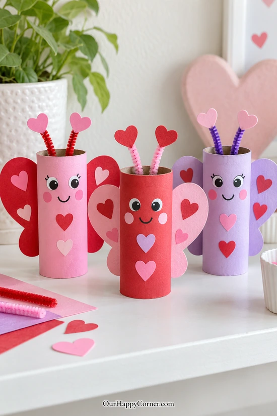 Pink and red cardboard-tube love bugs with heart wings