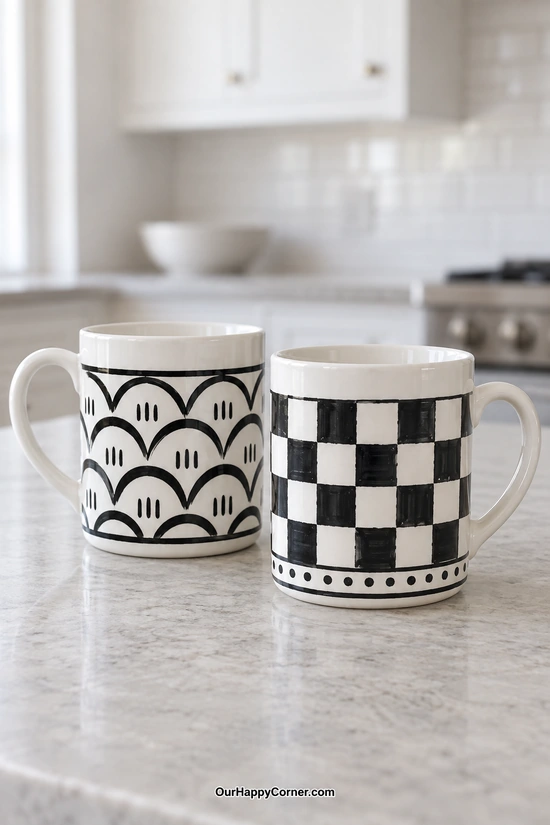 Ceramic cup painting ideas with black checkerboard and scalloped geometric patterns