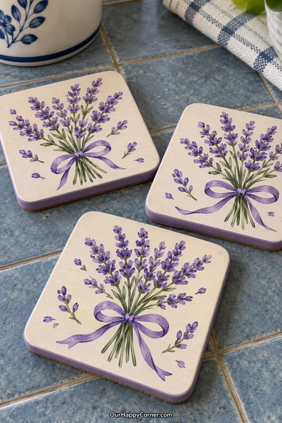 Lavender coaster painting ideas with purple bouquets and ribbon bows