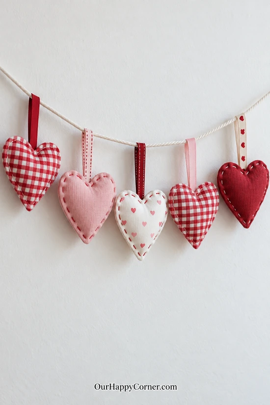 Fabric Heart Garland in red and pink Valentine colors