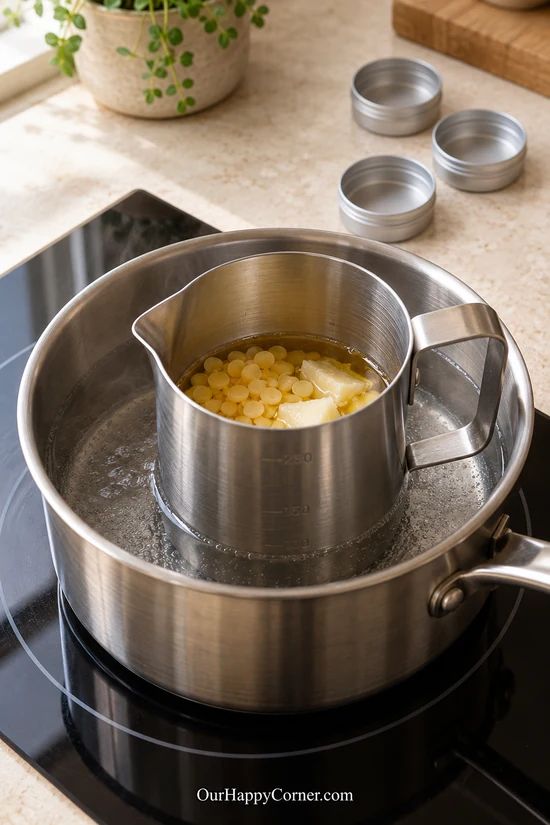Gently heating ingredients in a water bath