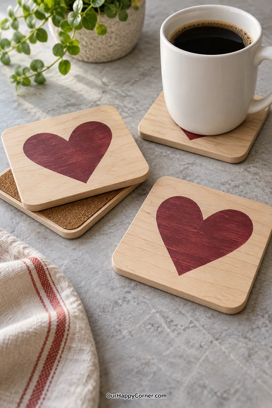 Natural wood square coasters with burgundy hearts and cork backing beside a coffee mug valentine wood crafts