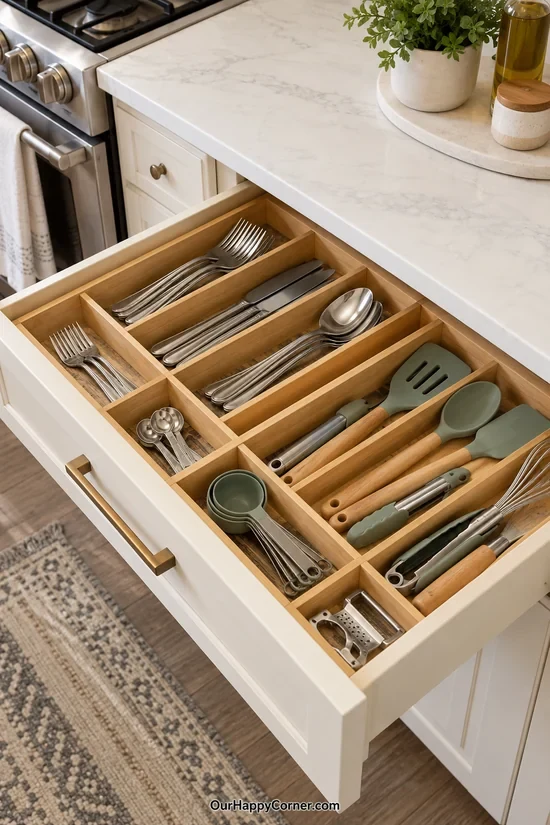 Cutlery arranged in a wooden drawer organizer