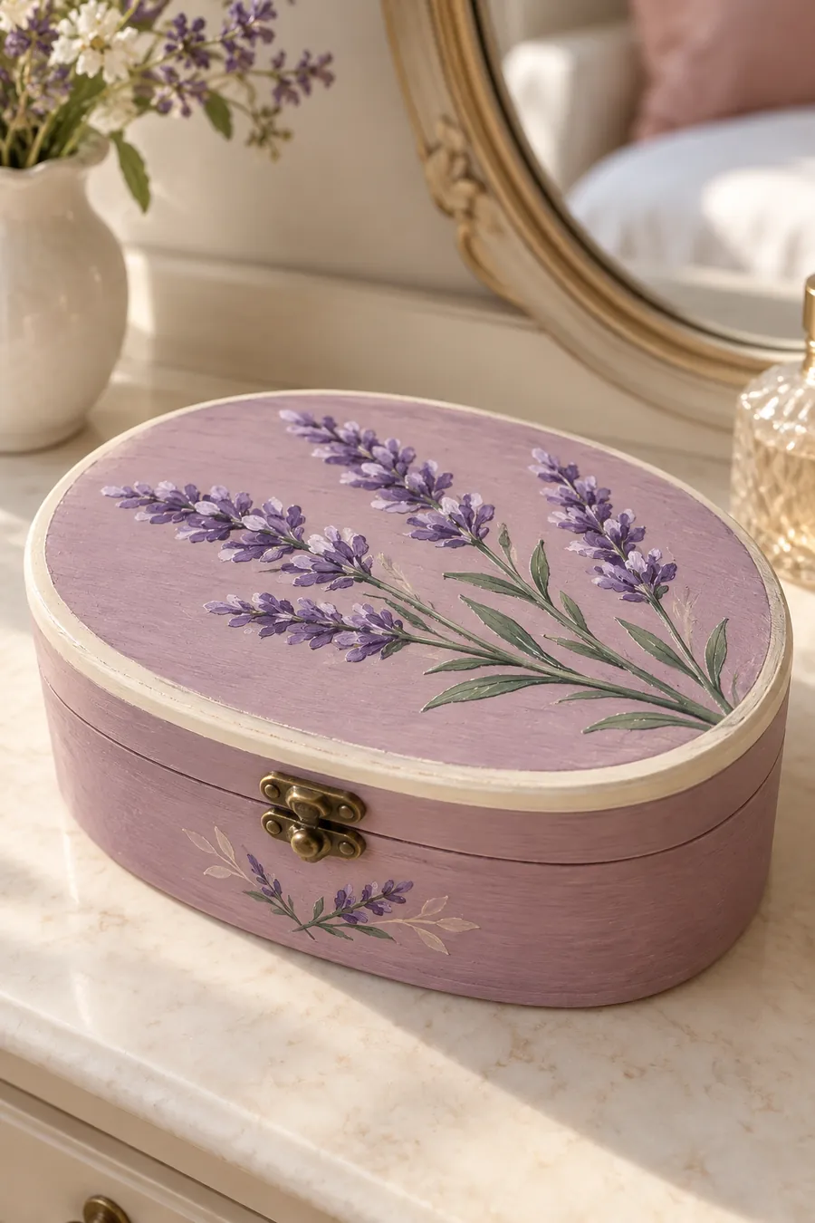 Mauve oval jewelry box with painted lavender sprigs