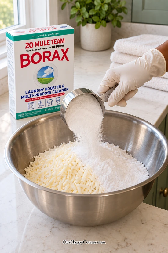 Gloved hand adding measured borax to grated soap in a bowl