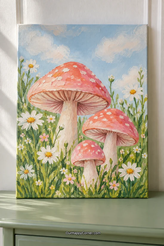 Mushroom painting ideas featuring pink mushrooms and white daisies in a meadow