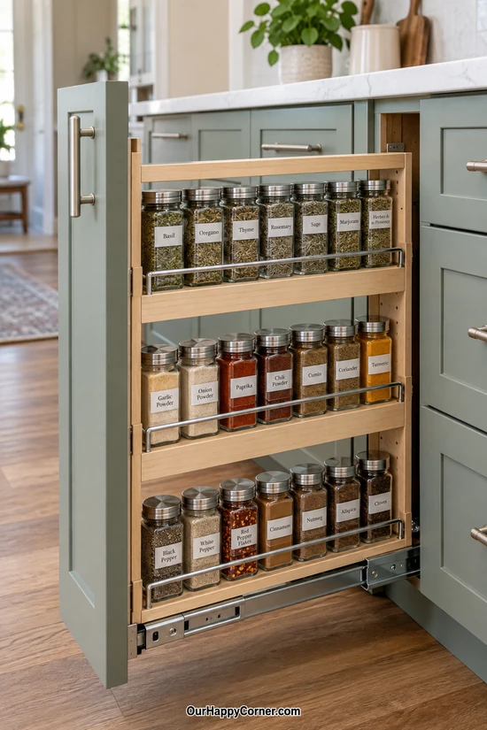 Narrow base-cabinet spice pullout with three shelves and guard rails