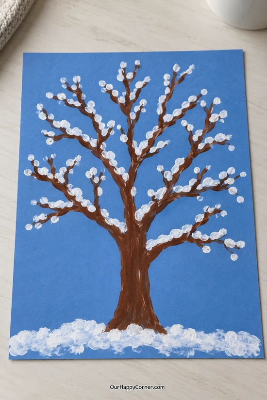 Winter crafts for kids featuring a painted snowy tree
