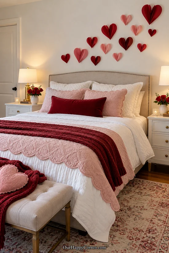 Paper hearts arranged above a bed with pink and red accents