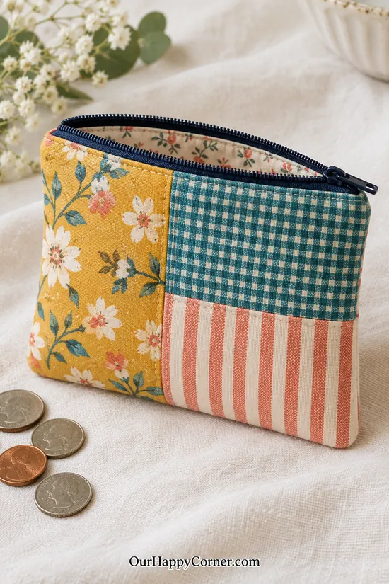 Small patchwork coin pouch with mustard floral, teal gingham, and coral striped panels