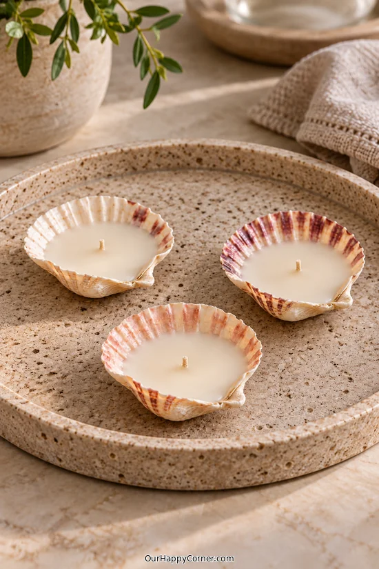 Seashell crafts for adults featuring small scallop shell wax candles