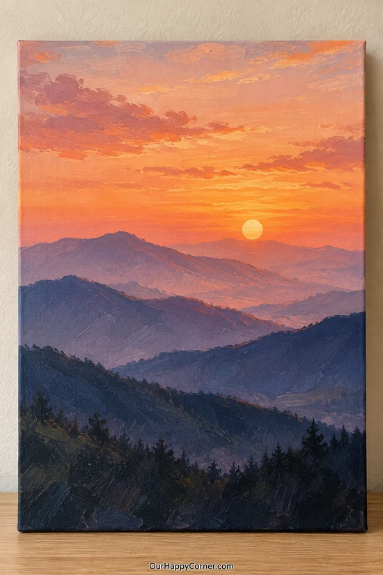 Sunset painting ideas featuring misty mountain layers at sunset