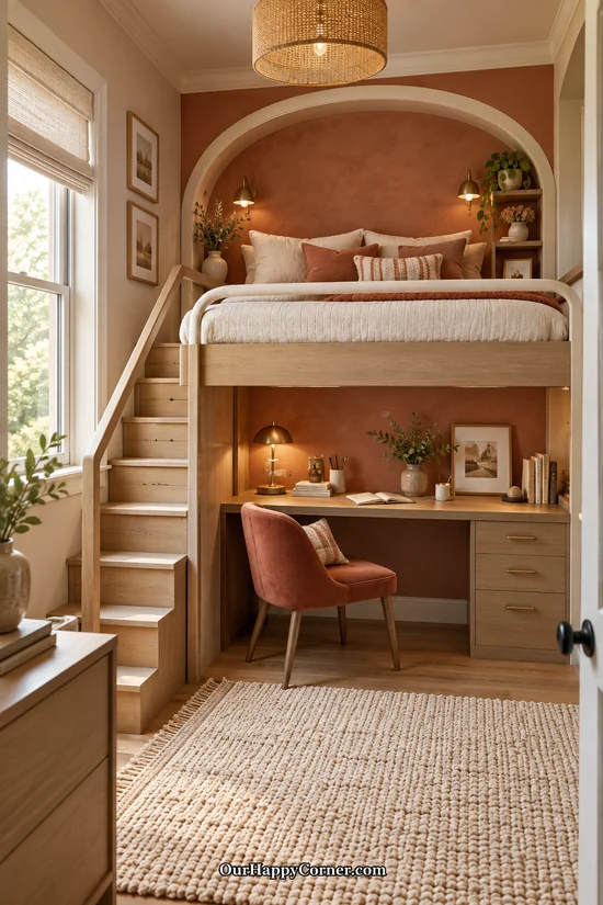 Terracotta loft bedroom with an ivory arch and oak furniture