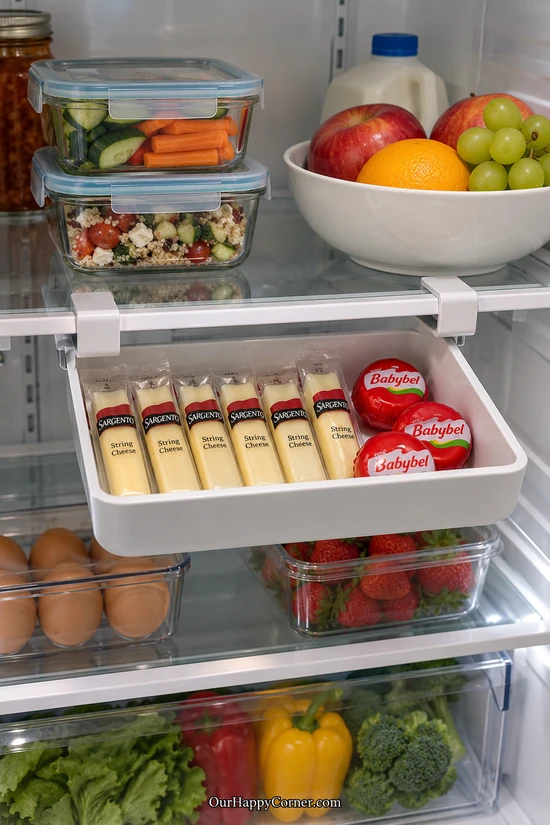 Clip-on refrigerator drawer holding wrapped cheese snacks fridge organization ideas