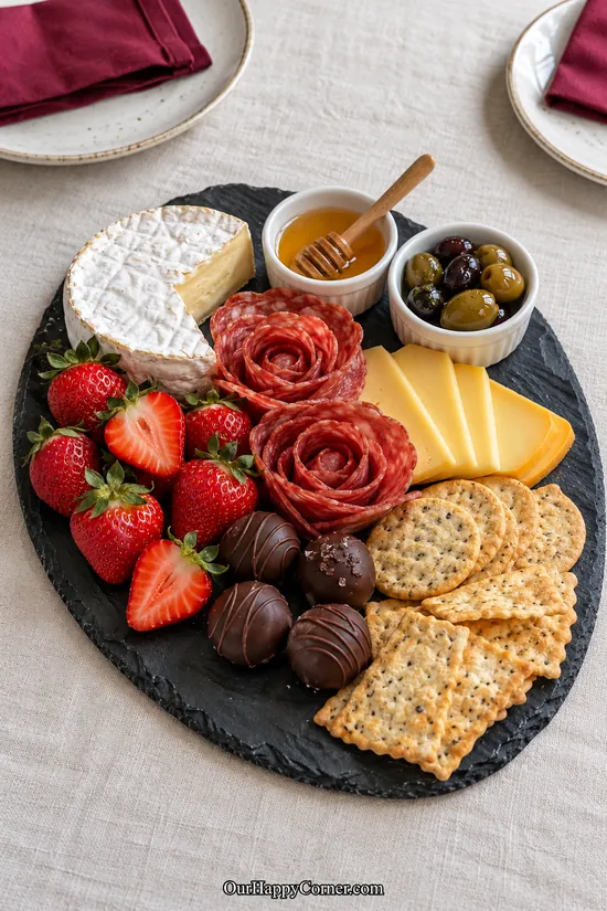 Small Valentine’s charcuterie board with brie, salami roses, strawberries, crackers, and truffles