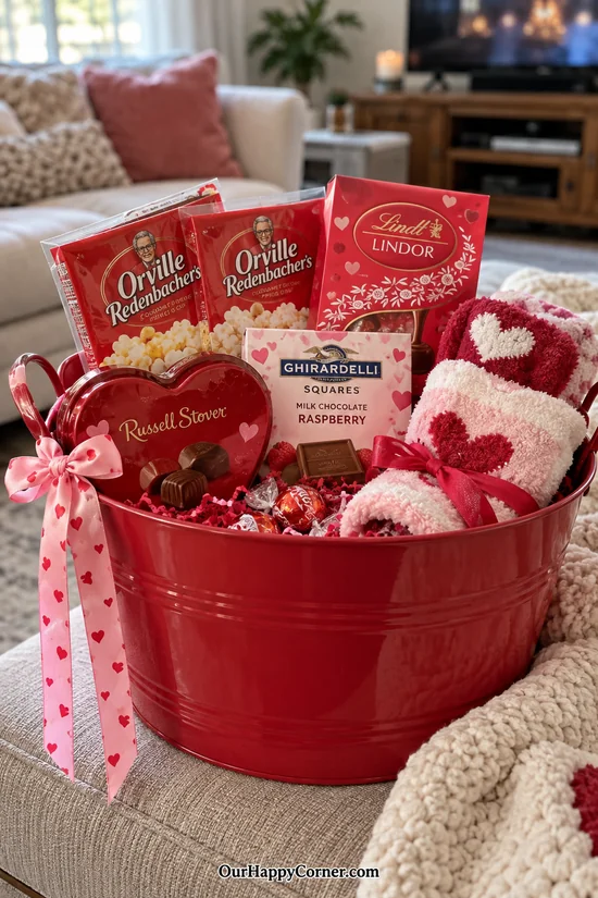 Movie night gift tub filled with popcorn, chocolate, and socks