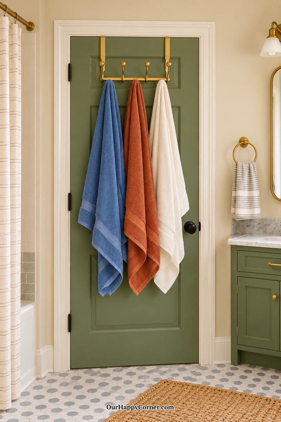 Blue, rust, and cream towels hang inside a closed sage bathroom door